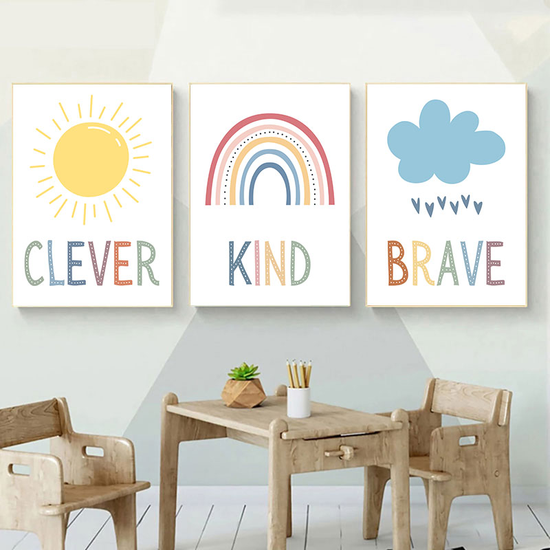 Kids Education Quote - かわいい太陽虹雲キャンバスアートプリントシンプルな教育的な引用句壁ポスターキッズルーム保育園モダンな家の装飾画像