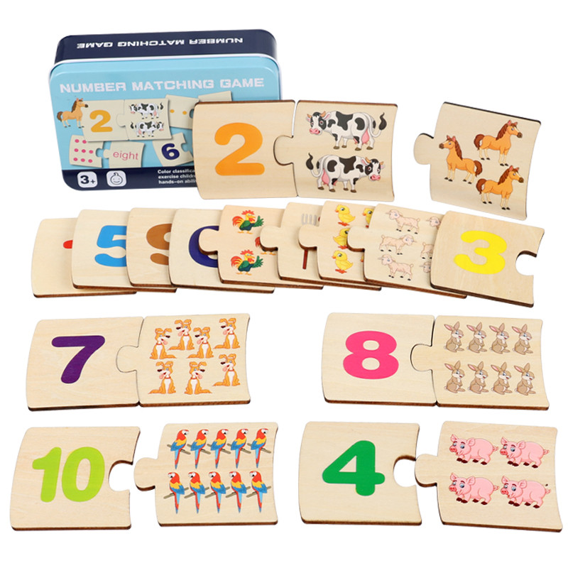 Kids Education Material - 子供向け鉄箱ナンバー啓発ペアリング木製動物フードパズルボード論理的思考トレーニングゲーム知育玩具