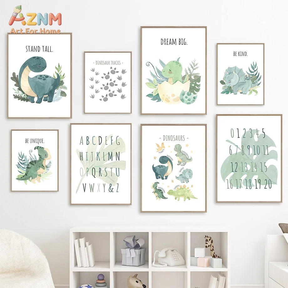 Kids Education Quote - AZNM 水彩恐竜アルファベット数字キャンバスウォールアート インスピレーションを与える名言プリント 子供部屋の教育的な装飾