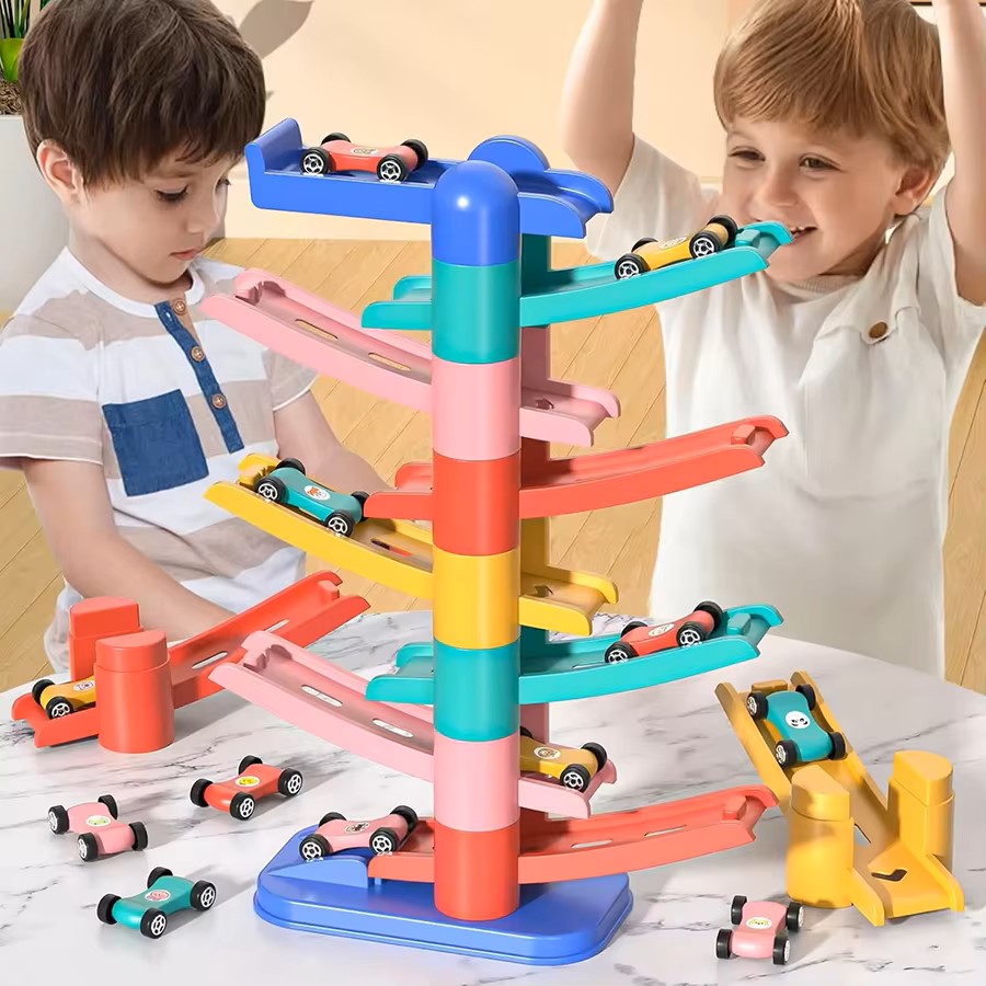 Kids Education Material - DIY重力式カーランプタワー、積み重ねスライドトラックおもちゃ、幼児向け知育パズル、男の子と女の子への誕生日プレゼント