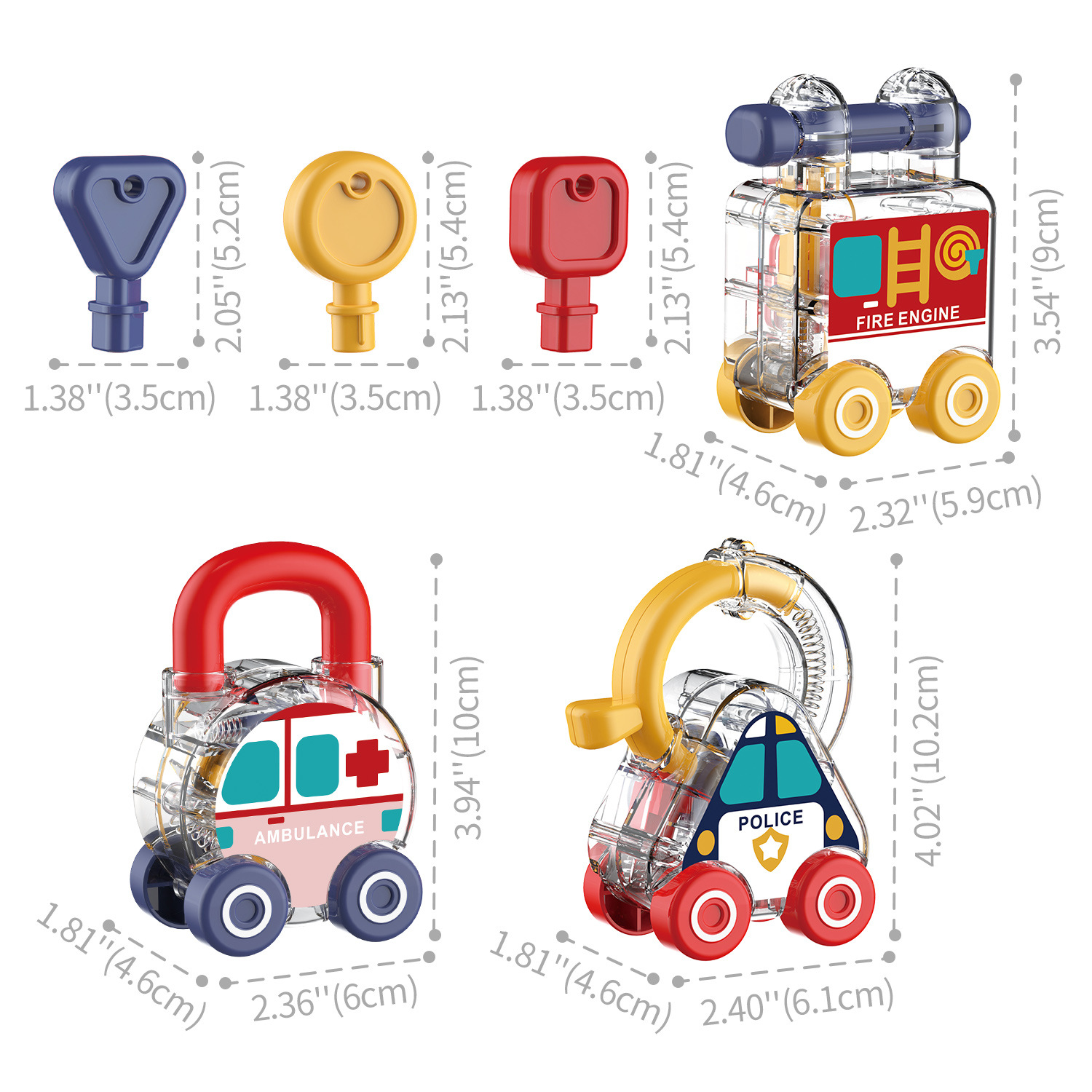 幼児向けキー・マッチング・ロック解除車セット、透明な警察・消 - Kids Education Material のレビューと価格